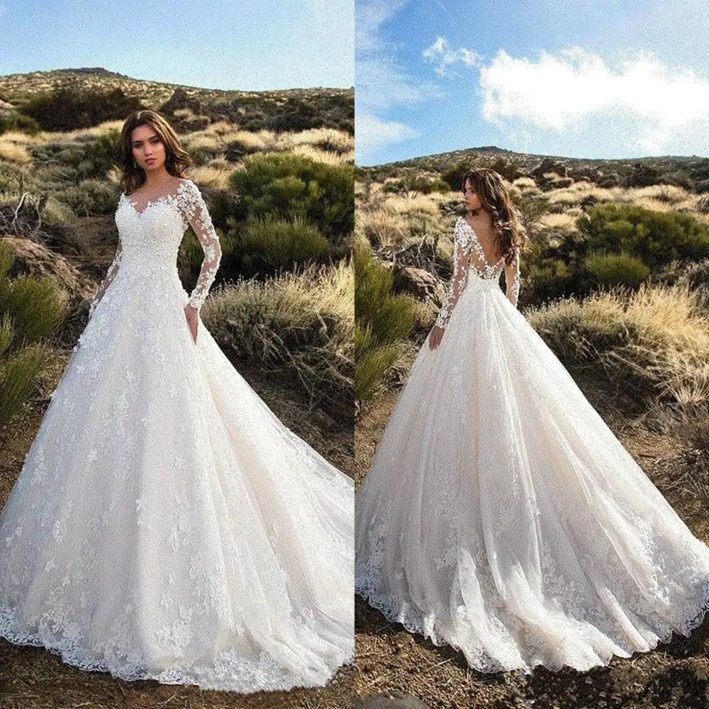 

2020 Modest Wedding Dresses Rhinestone Appliques V-neck Long Sleeves Bridal Gowns Dubai Saudi Arabia A-Line Wedding Dress