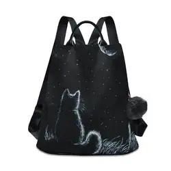 Fashion Women black Backpack Designer Brand Multifunction Solid Small school Bags for Teenage Girls Cat under the stars Mochila