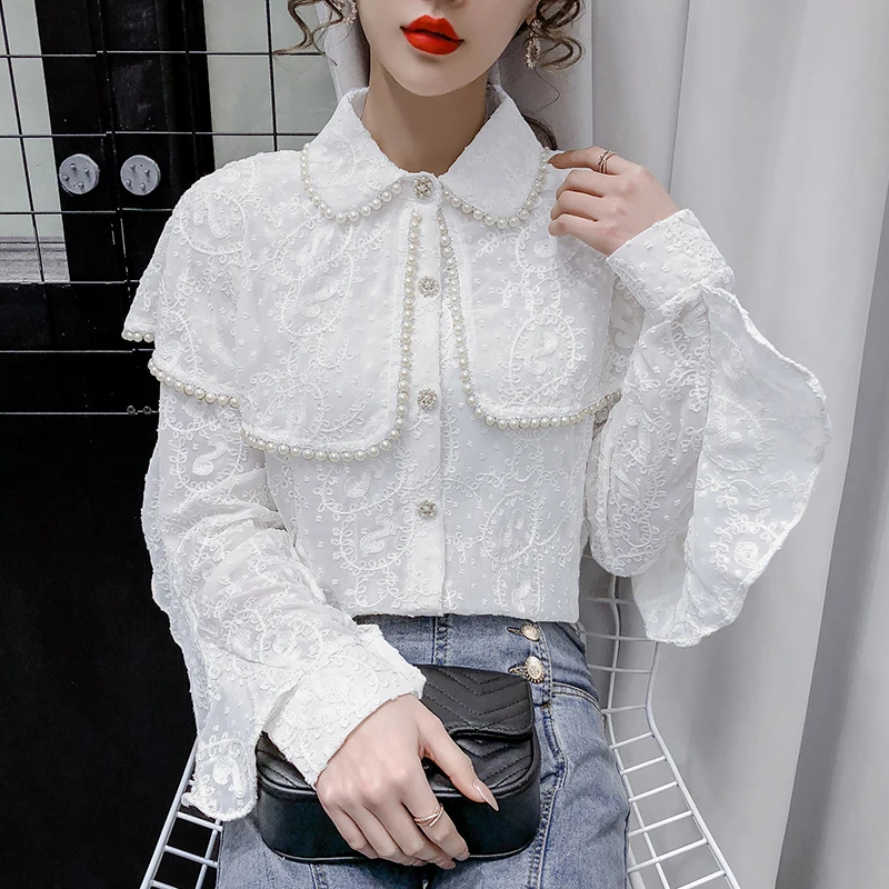 Spring Beading Lace Blouses Women Sweet Long Sleeve Pearls Office Blouses Lady Elegant Shirt Tops Palace French Wedding Party