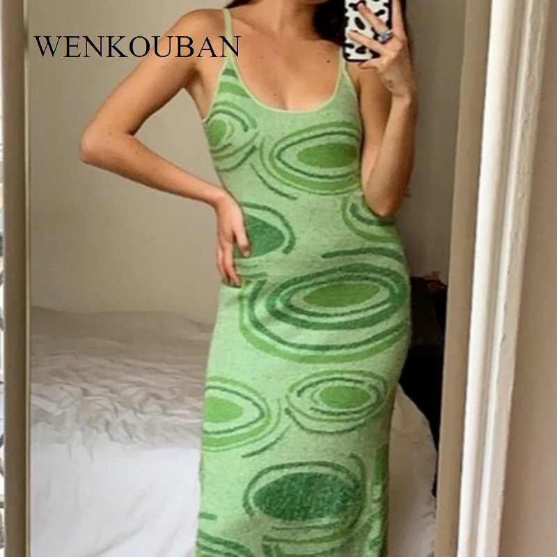 Print Knit Bodycon Party Dress Women Green Y2K Summer Dress Hollow Out Sexy Sleeveless Vestidos Spaghetti Strap Beach Midi Dress