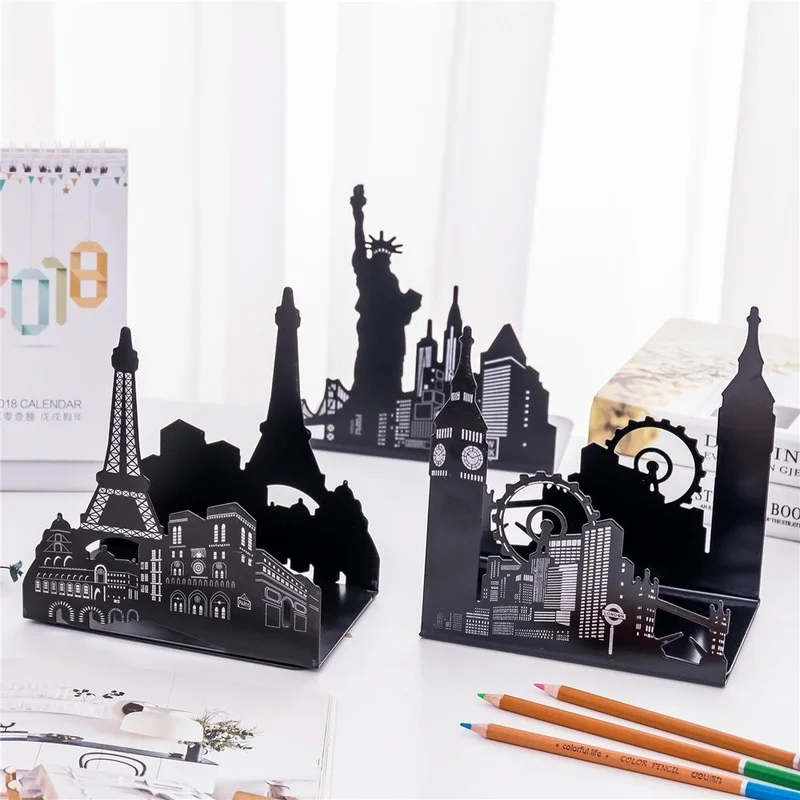 

Metal Book Stand Eiffel towe Ferris Wheel Statue of Liberty Shape Bookends Multi-Functional Book Stoppers Book Organiser