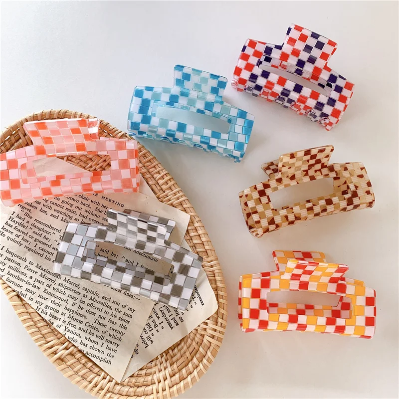 Large Acrylic Hair Claw Rectangle Checkered Mosaic Plaid Grid Hairclips Women Hair Accessories Headwear Ins Crab Clamps Hairgrip