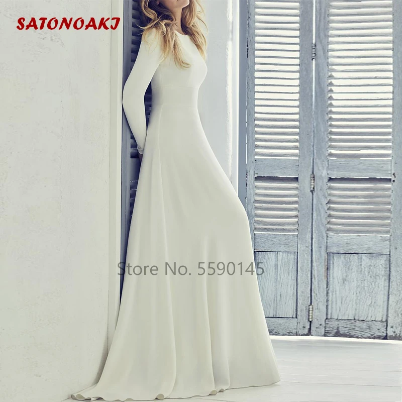 2024 New A-Line Modest Princesa Wedding Dress for Women Long Sleeves Jewel Neck Sweep Train Bridal Gown Vestidos De Novia France