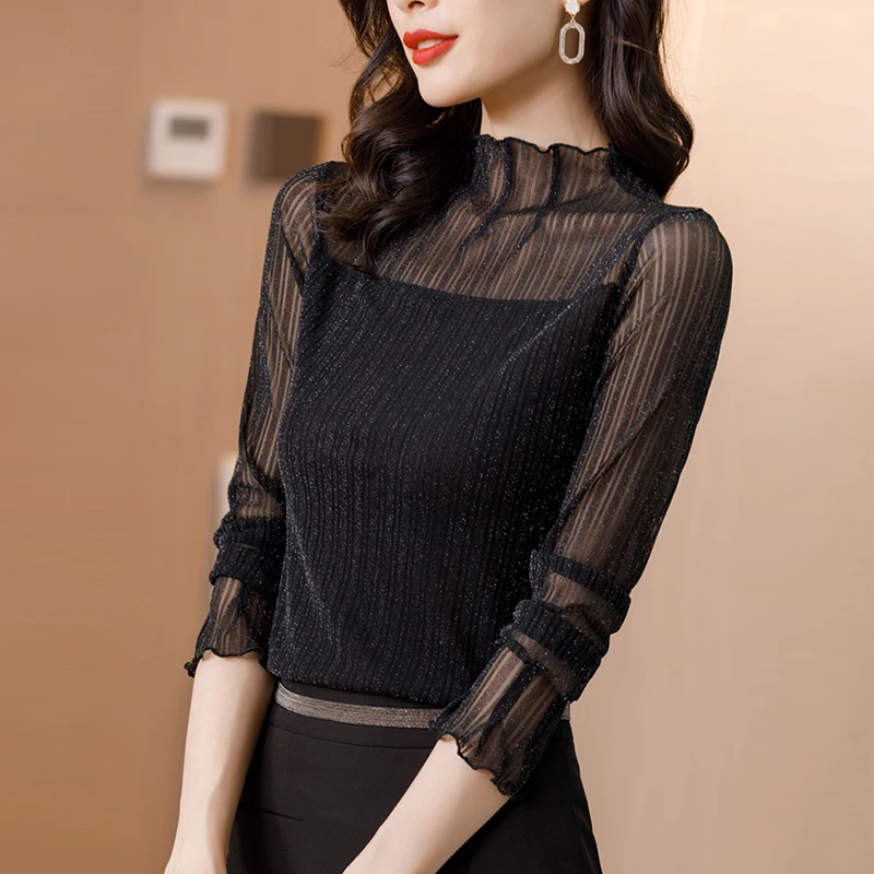 

2024 Turtleneck Feminina Camisa Blouse Women Top Ladies Lace Blouses Shirt Ropa Mujer Vetement Femme Chemise Woman Clothes