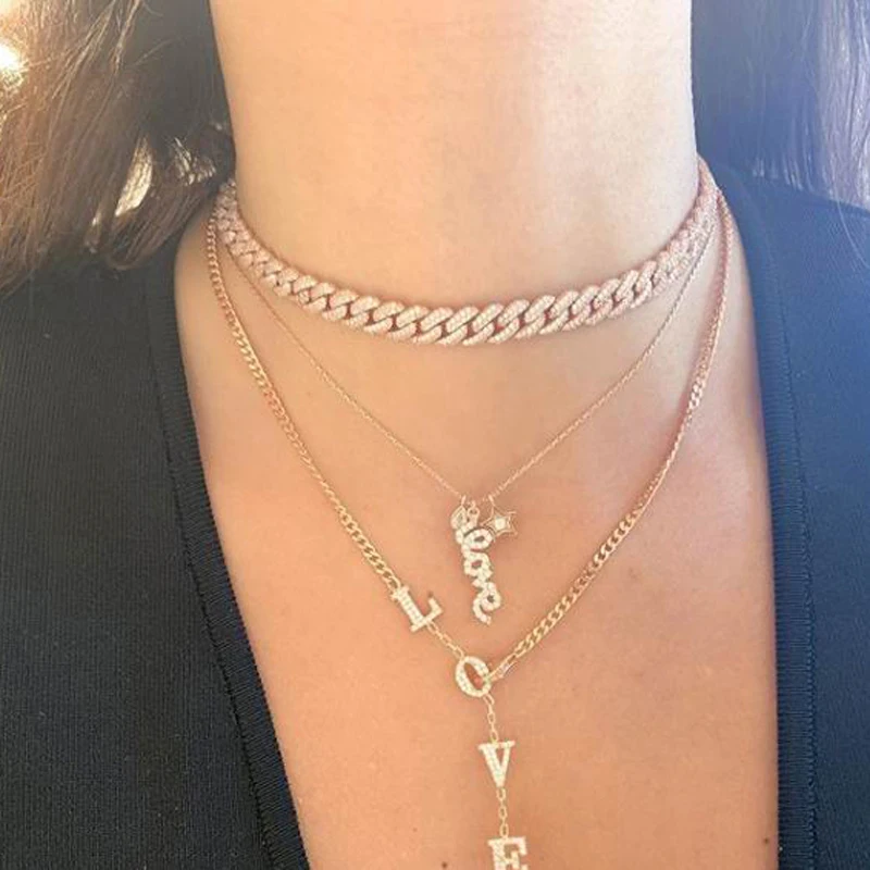 

Silver Color CZ Cuban Chain Choker Hip Hop 2 Row AAA CZ Iced Out Adjust Size Necklace For Women Jewelry 2022 New Arrived