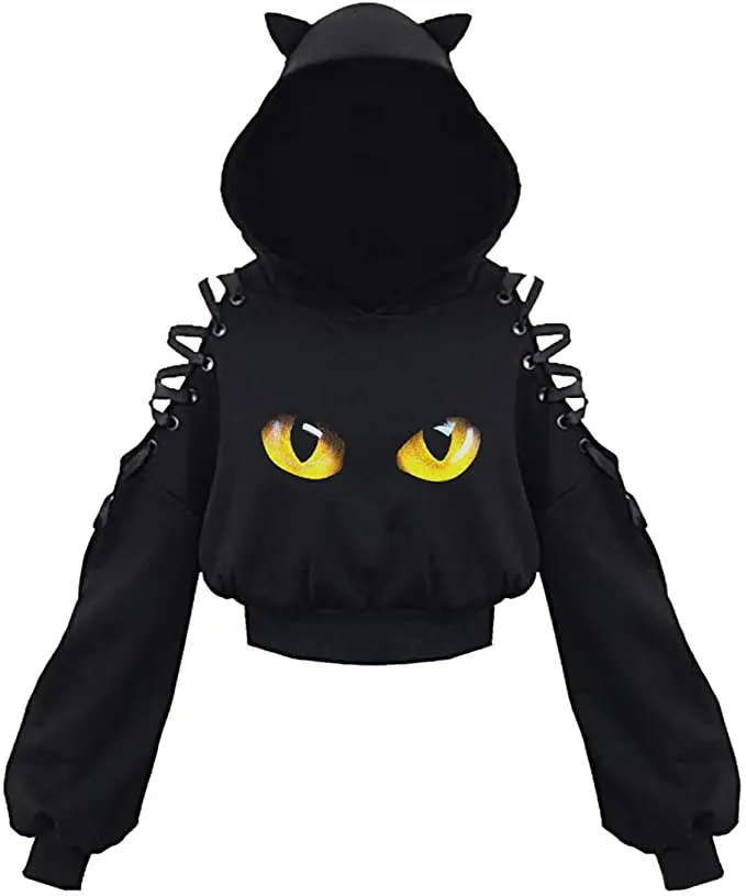 Womens Fashion Printing Sweatshirt Casual Bandage Long Sleeve Exposed Navel Hooded T-Shirt Black Black White Cat Eyes Little Cat