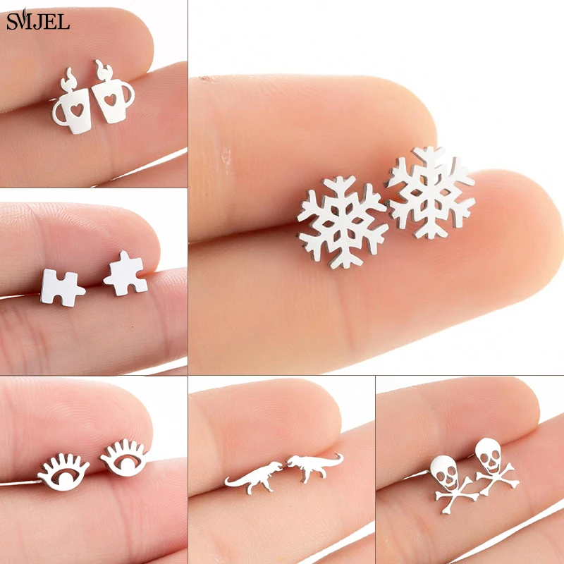 Fashion Small Snowflake Stud Earring for Women Minimalist Puzzle Ligher Eye Skull Bone Earings Stainless Steel Christmas Jewelry