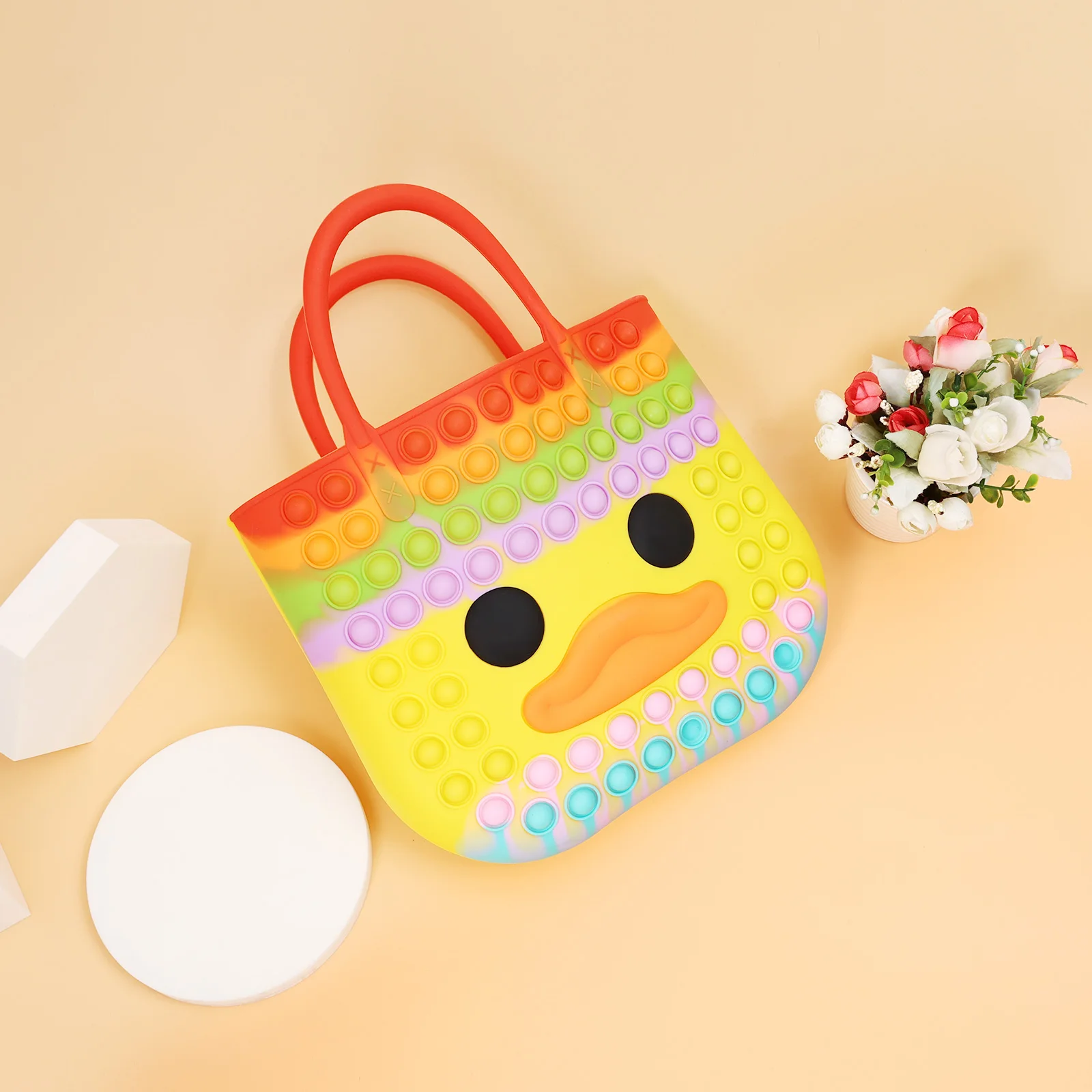 Women Silicone Tote PursesLightweight Cartoon Duck Handbag with Handle Bubble Fidget Toy