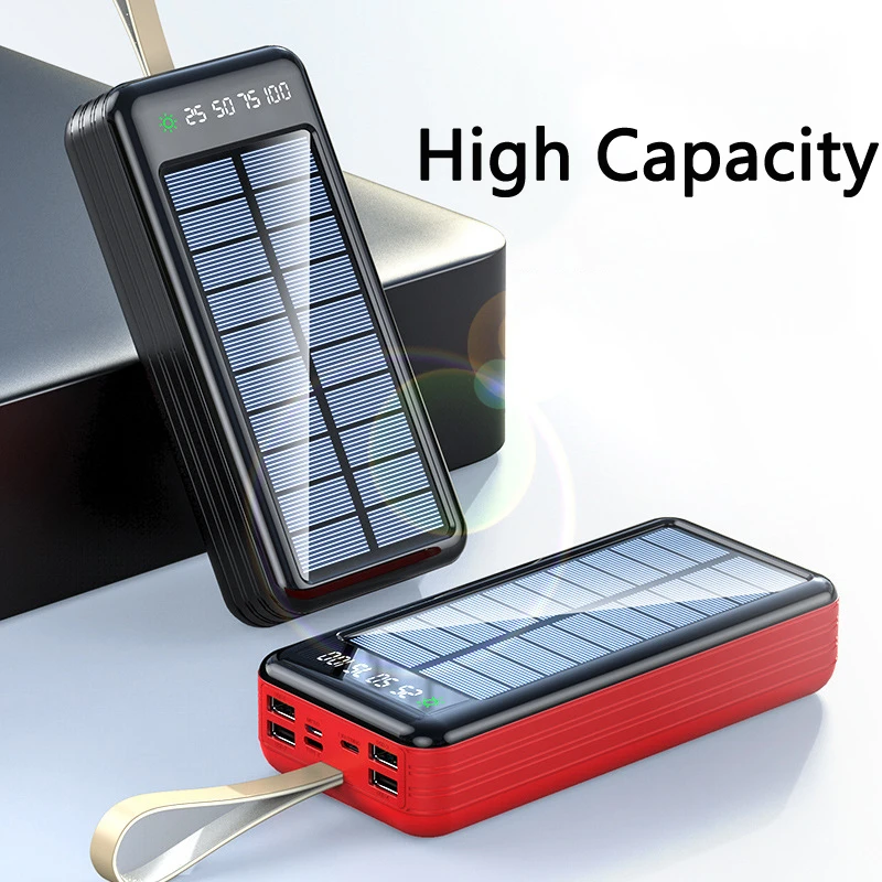 Solar Power Bank with Cable External Battery Pack Powerbank for iPhone 13 12 Xiaomi Samsung S21 Mobile Phone Chargers 60000mAh