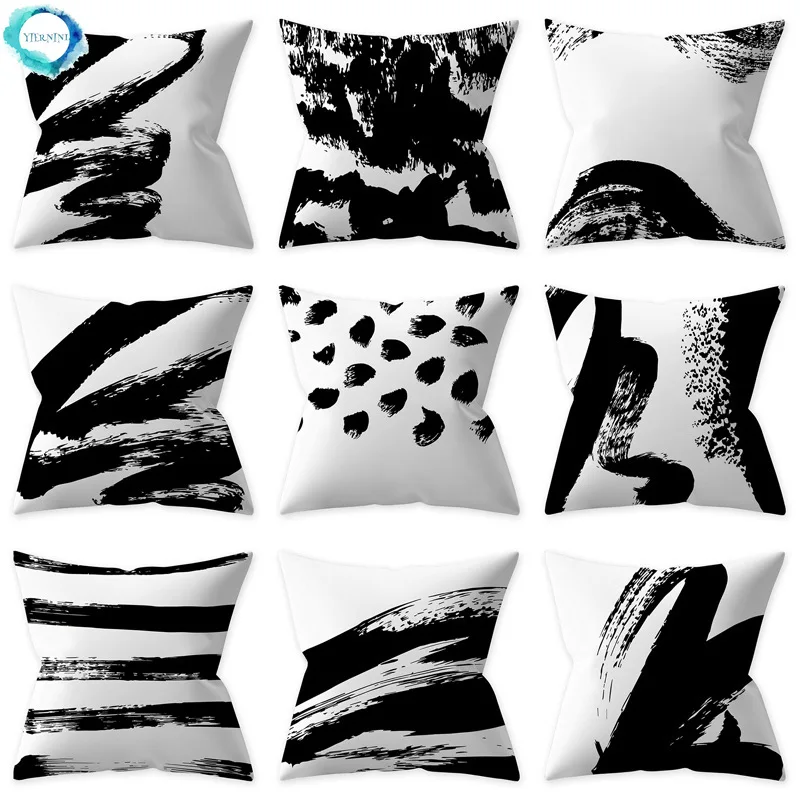 Black and White Abstract Painting Polyester Pillow Cover Graffiti Print Decorative Cushion Cover Sofa Throw Pillow Case 45X45CM