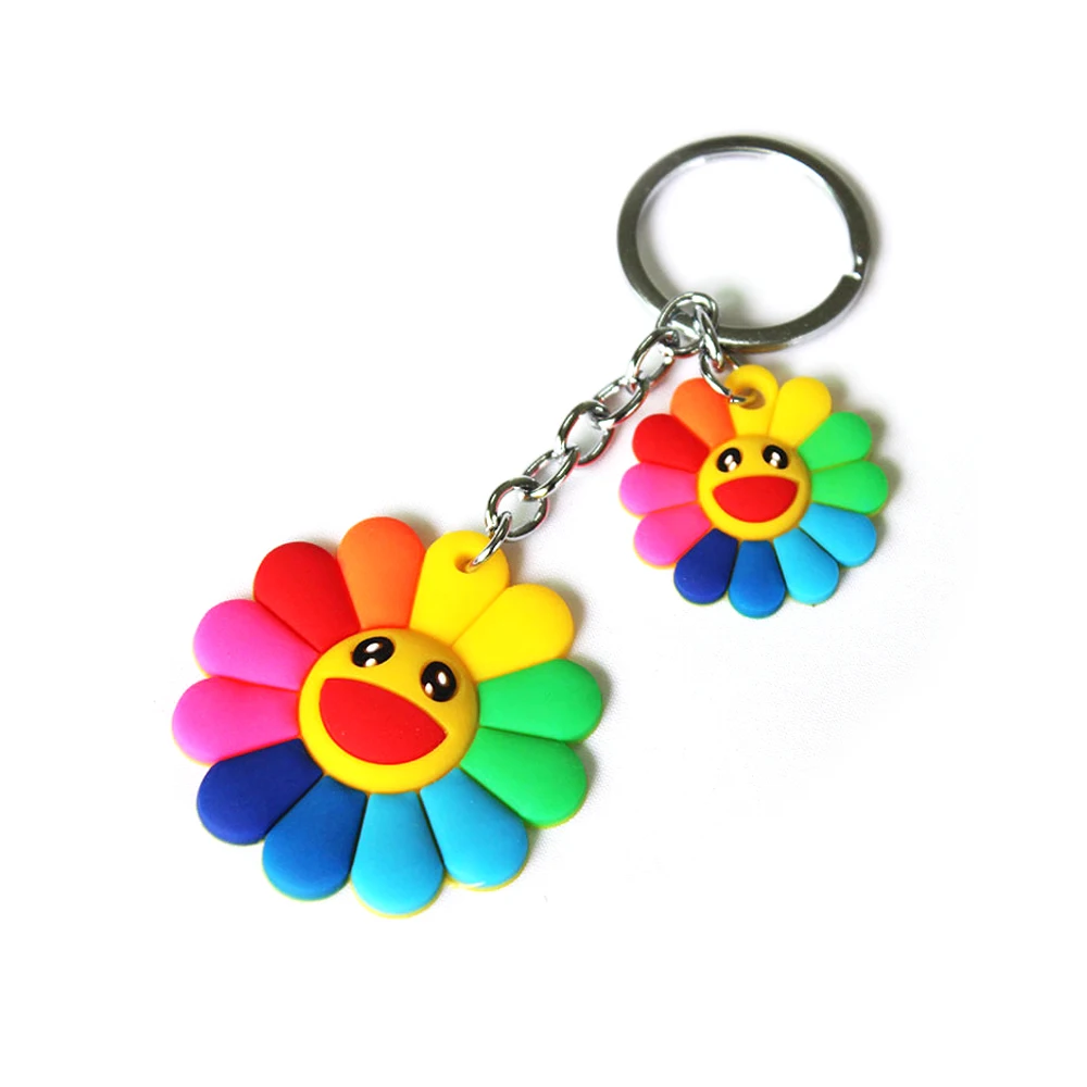 Silicone Rainbow Sun Flower Keychain Female Cute Girls Cartoon Smiling Flower Key Chain On Bag Trinket Women Wedding Party Gift