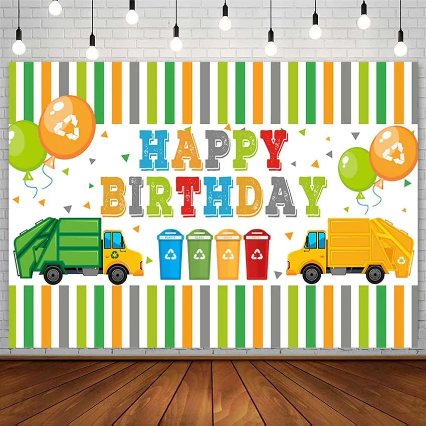 Happy Birthday Backdrops Truck Balloon Trash Can Recycling Construction Boy Photography Background Photo Studio Props Photophone