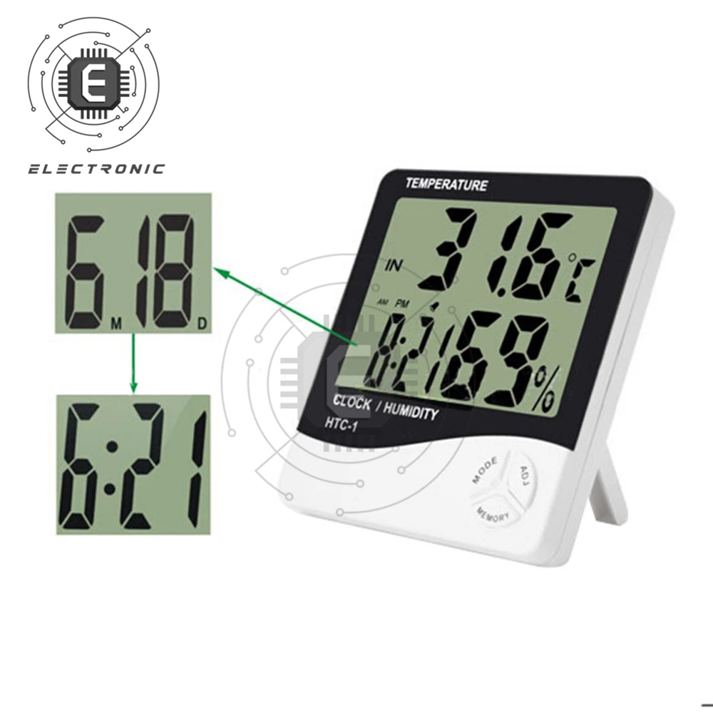 HTC-1  LCD Electronic Digital Temperature Humidity Meter Weather Station Clock Thermometer Hygrometer  with Alarm Clock