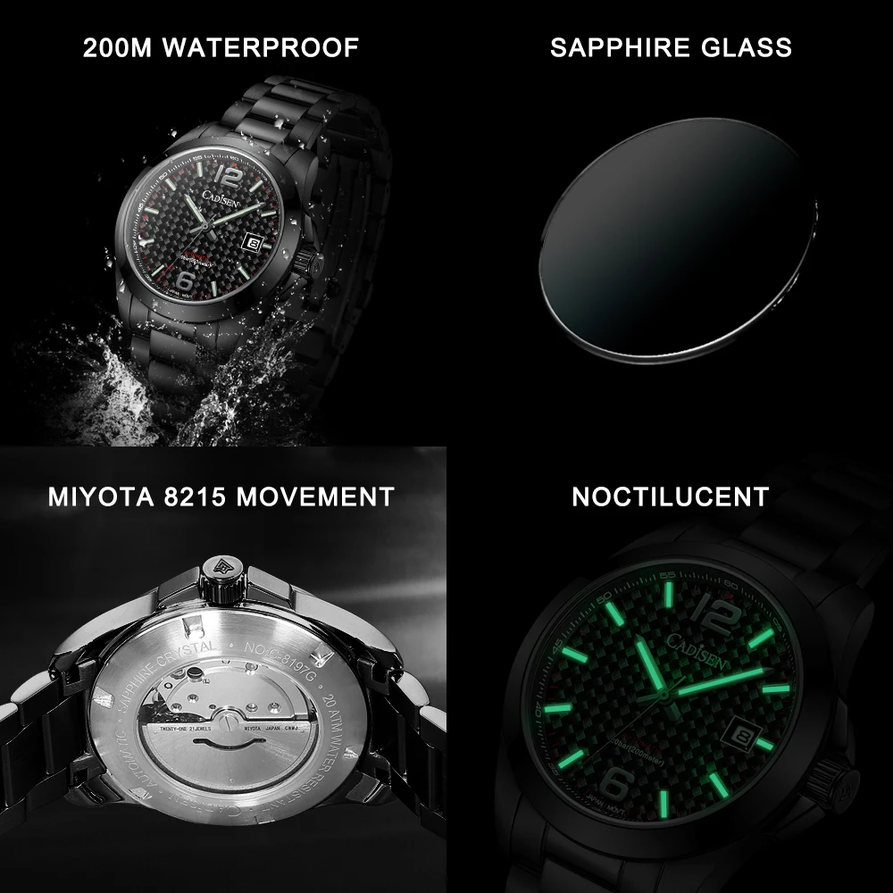 CADISEN Watches Mens Mechanical Automatic Luxury Brand 39mm Size Luminous MIYOTA 8215 Wristwatch 200M Waterproof Watch For Men