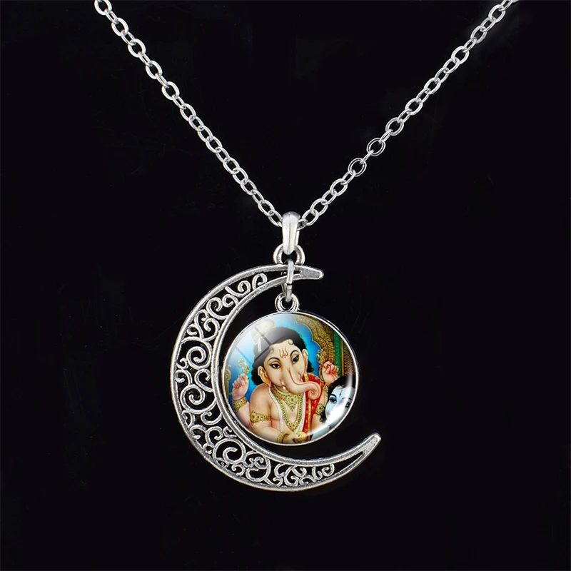 Cabochon Glass Crescent Moon Pendant Clavicle chain Necklace India Religion Necklaces Women God Brahma Lord Shiva Vishnu Jewelry