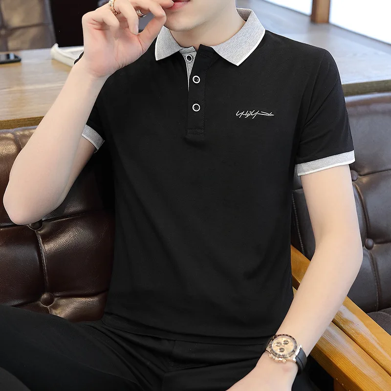 T-Shirt Men's Streetwear Casual English Alphabet Lce Silk Loose Short Sleeve Lapel Polo Shirt Simplicity Small Fresh Cotton Summ