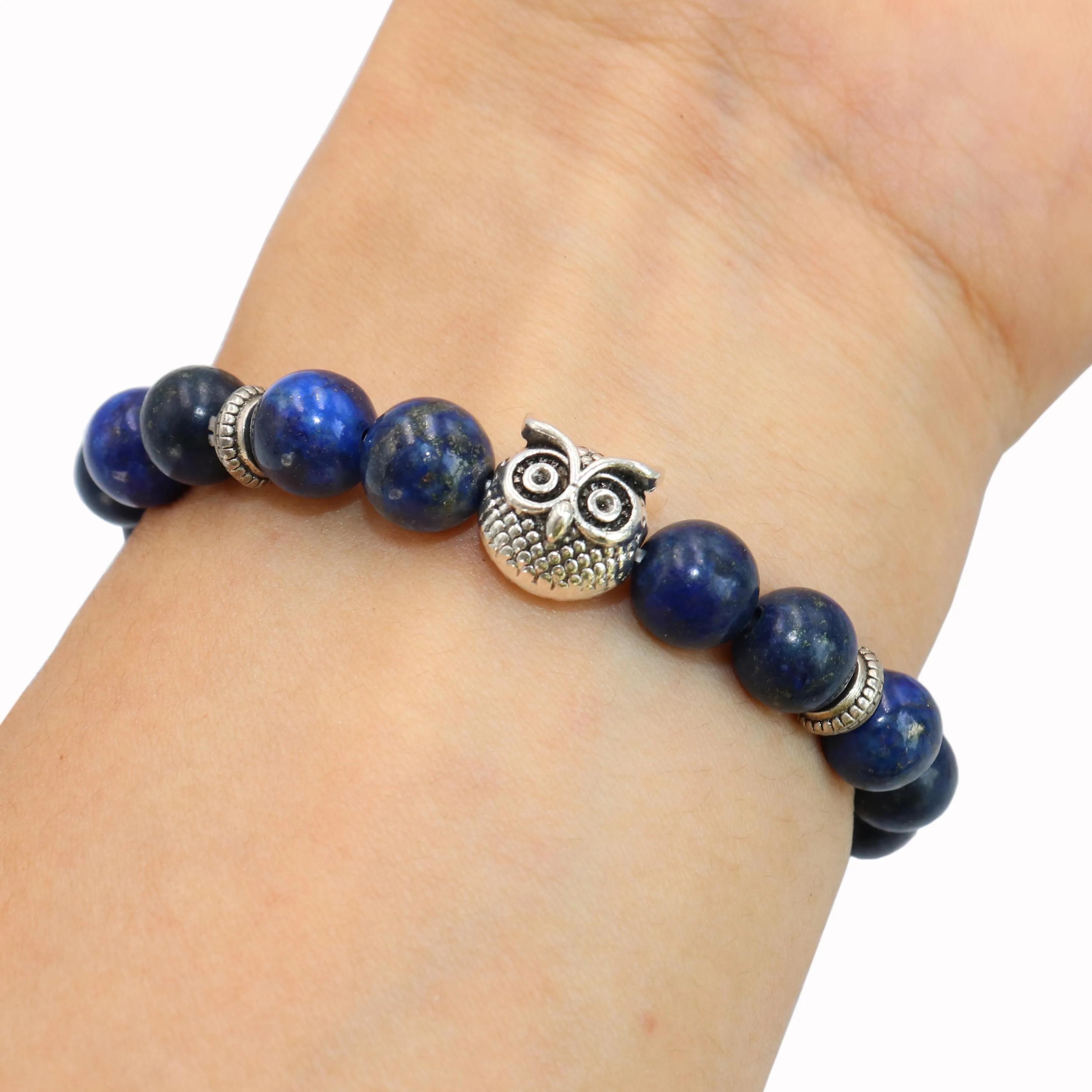 8 MM Natural Stone Silvery Owl Bracelet Agates Tiger Eye Lava Stone Beads Yoga Chakra Bracelet Jewelry Men Women Friend Gift