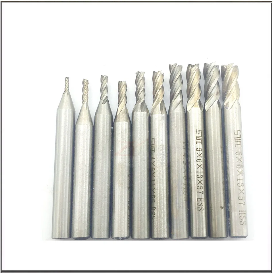 

10pcs/set 1.5/2/2.5/3/3.5/4/4.5/5/5.5/6/7/8/9/10mm High Speed Steel 4 Flute End Mill Cutter HSS straight shank milling cutter