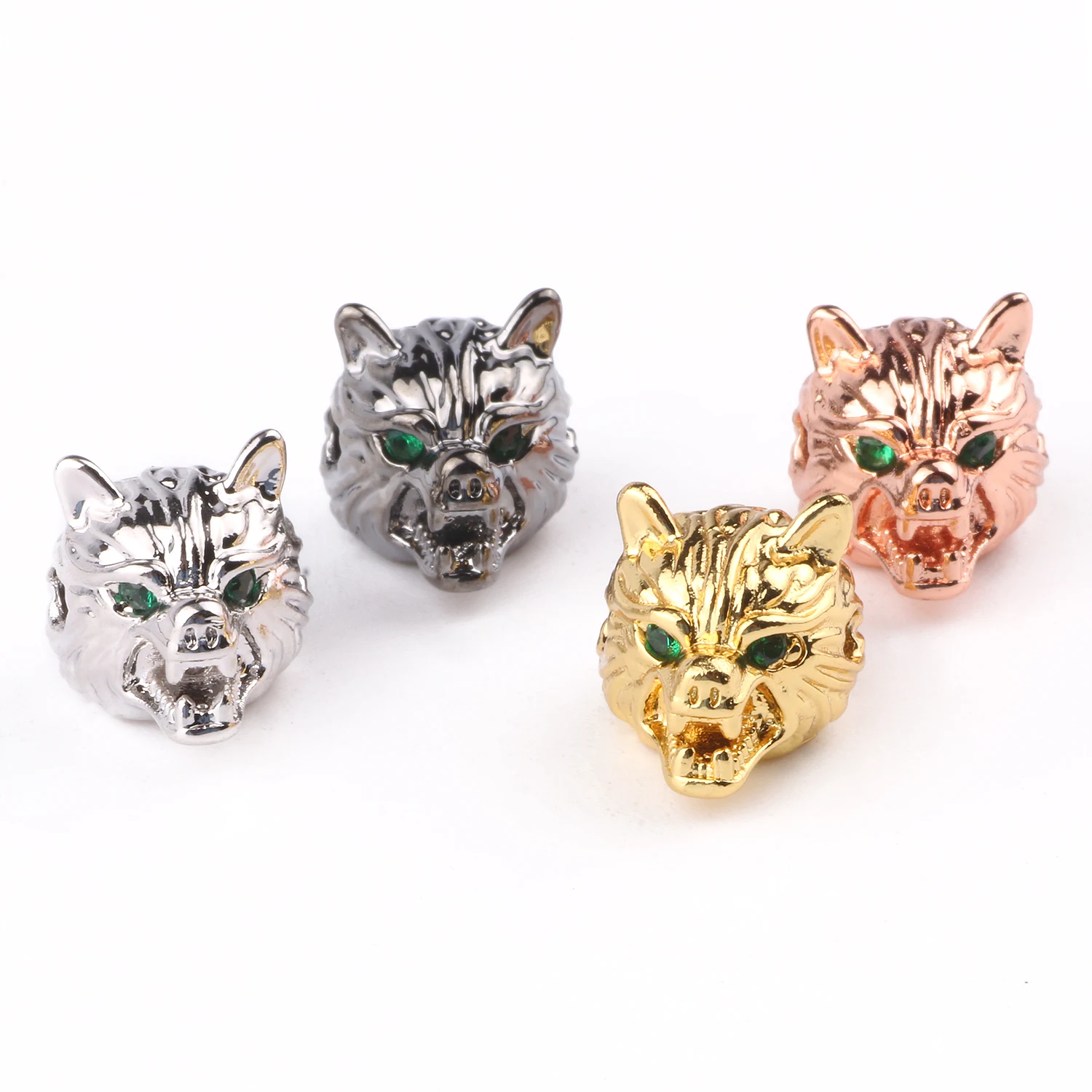 Wholesale Green CZ Wolf  Head Beads for Jewelry Making DIY Copper Spacer Beads fit Bracelet Jewelry Accessories 3pcs/lot