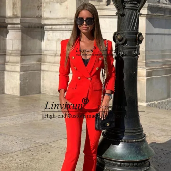 Office Ladies women\'s pantsuit Red Pink Business Classic Double-breasted Buttons Nine Blazer Pants Set Two Piece Formal Suits