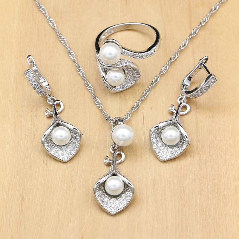 925 Silver Bridal Jewelry Sets White Pearl Zircon  Women Wedding Pendant Drop Earrings Open Rings Morning Glory Necklace Set