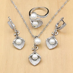 925 Silver Bridal Jewelry Sets White Pearl Zircon Women Wedding Pendant Drop Earrings Open Rings Morning Glory Necklace Set
