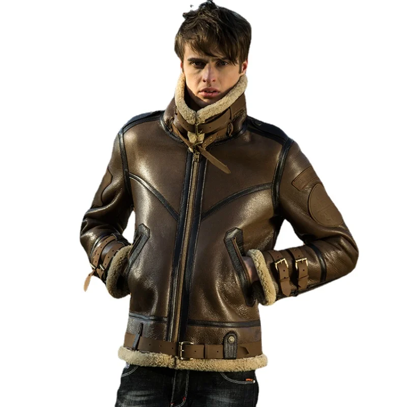 

Leather Fur In One Genuine Leather Jacket Men B3 Air Force Flight Bomber Shearling Jackets Motorcycle Sheepskin Mens Thick Coat