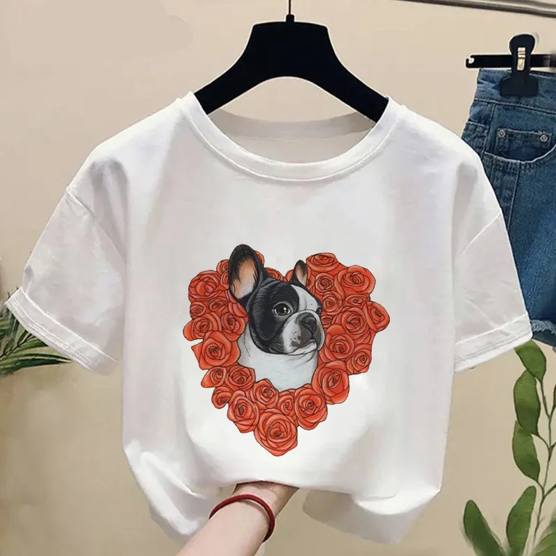 

French Bulldog Love Women T Shirt Cartoon Dog Print Fashion Female T-Shirt Casual Short Sleeve Lady Tops Tee Cute Flowers Tshirt