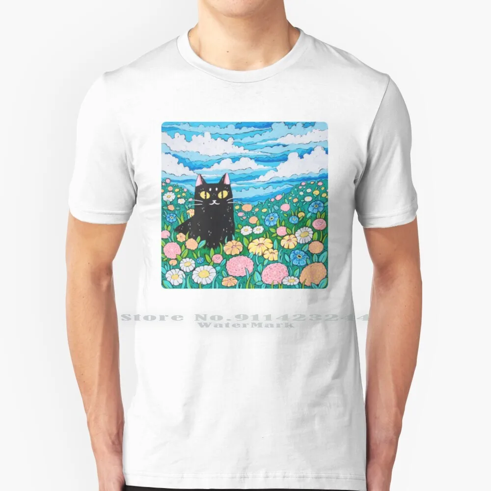Estate prato 100% cotone T Shirt gattino gattino prato fiori pastello carino estate nuvole gatto nero cielo colorato T-Shirt stilizzata