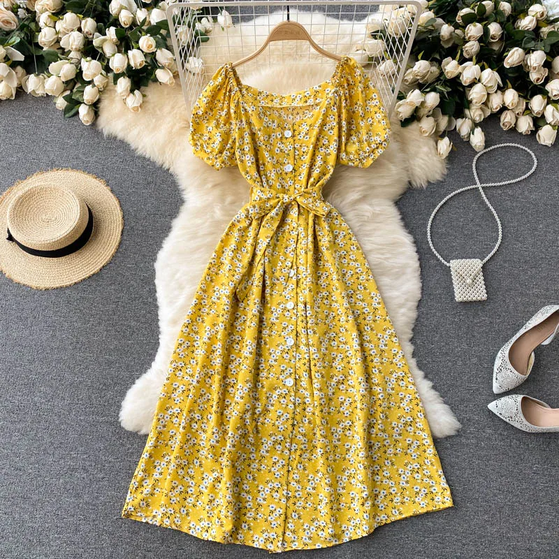 Vestido floral feminino de verão, decote quadrado, elegante, midi, cinto, manga curta bufante, botão frontal, férias, vestido casual