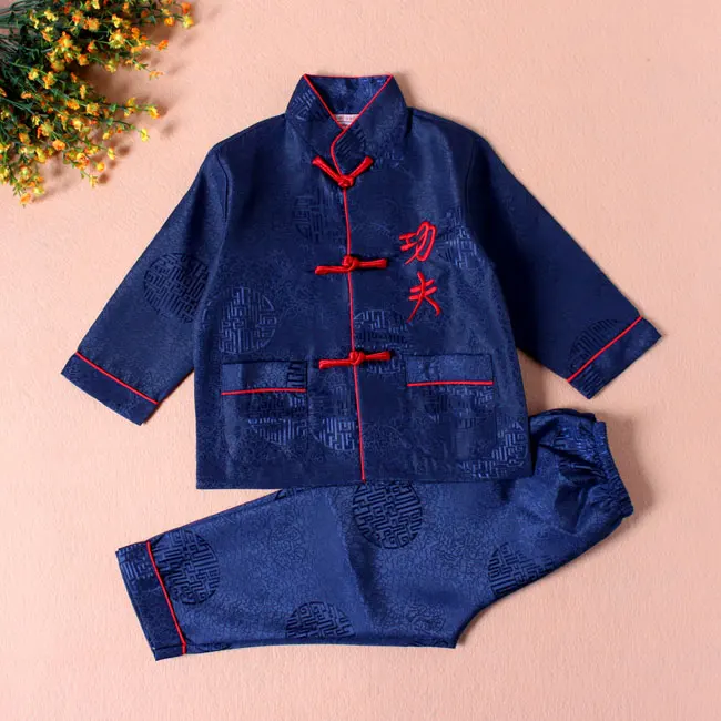 Conjunto de vestuário infantil de manga comprida bordado kung fu, estilo chinês, conjunto de vestuário jaqueta + calças, fantasia terapêutica 2-16 yzt082506