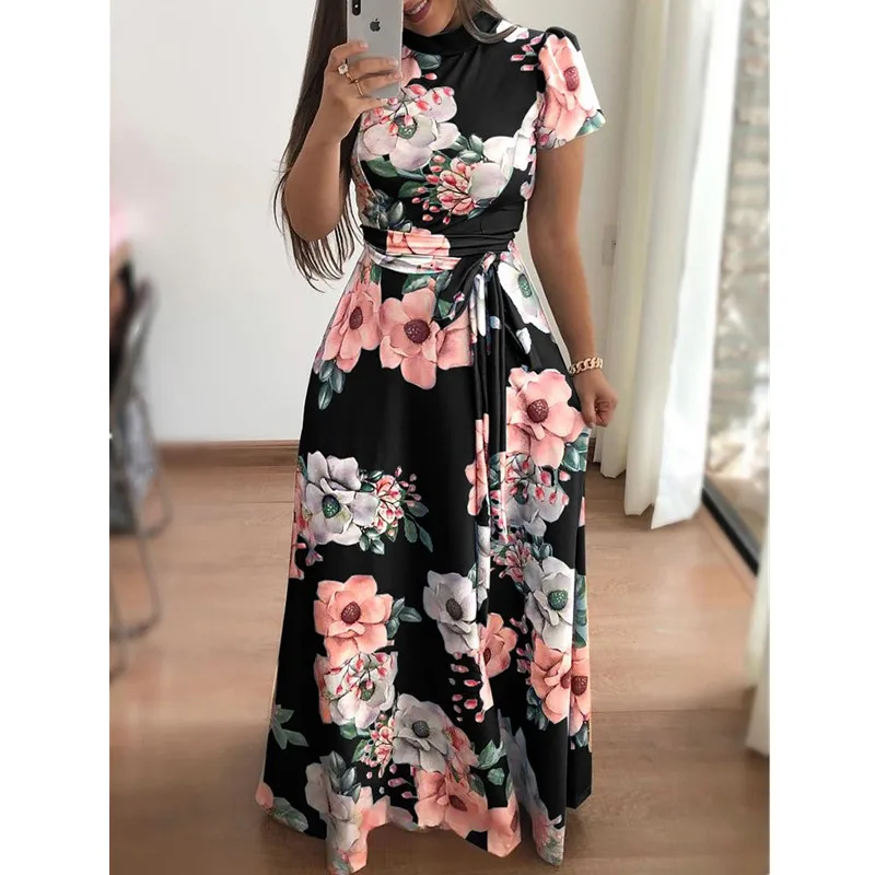 Fashion Boho High Neck Belt Floor Dress Women 2023 Autumn Short/Long Floral Maixi Dress Elegant Party Dresses Plus Size Vestidos