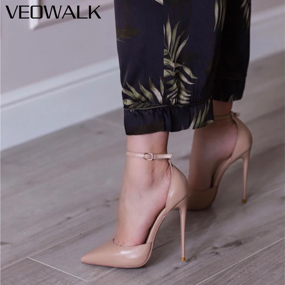 

Veowalk Ankle Strap Women D'Orsay Pointed Toe Stiletto Pumps Ladies Solid Dress High Heel Shoes 12cm 10cm 8cm Black White