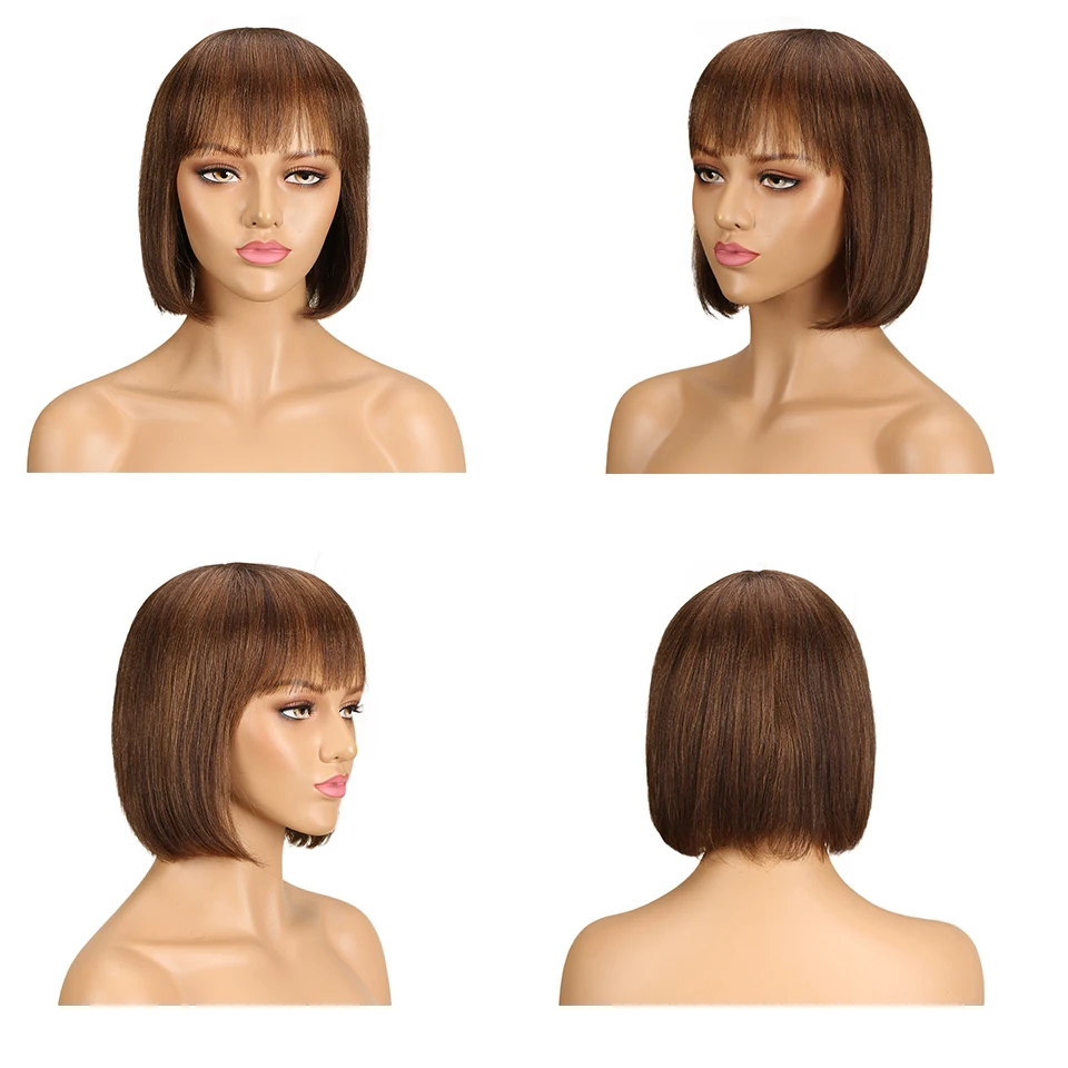 Sleek Short Bob Wigs with Bangs for Women P4/30 Highlight Brown Short Bob Human Hair Wigs Red Colored Straight Brazilian Wigs