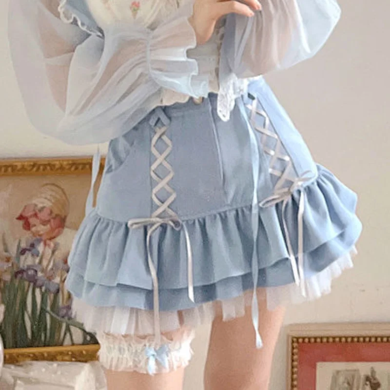 

Kawaii Lolita Skirt Women Japanese Lace Up Summer Casual Mini Sexy Sweet Skirt Female High Waist Chic Bandage Elegant Skirt New