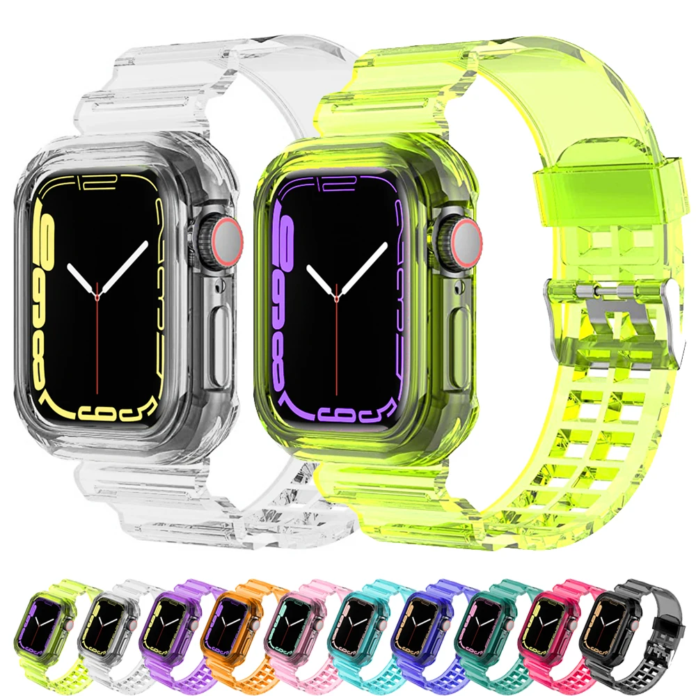 Sport Clear Band + Case for Apple Watch 9 8 7 6 SE 5 4 Transparent silicone Strap for iwatch Strap 40mm 44mm 42MM 38MM 41MM 45MM