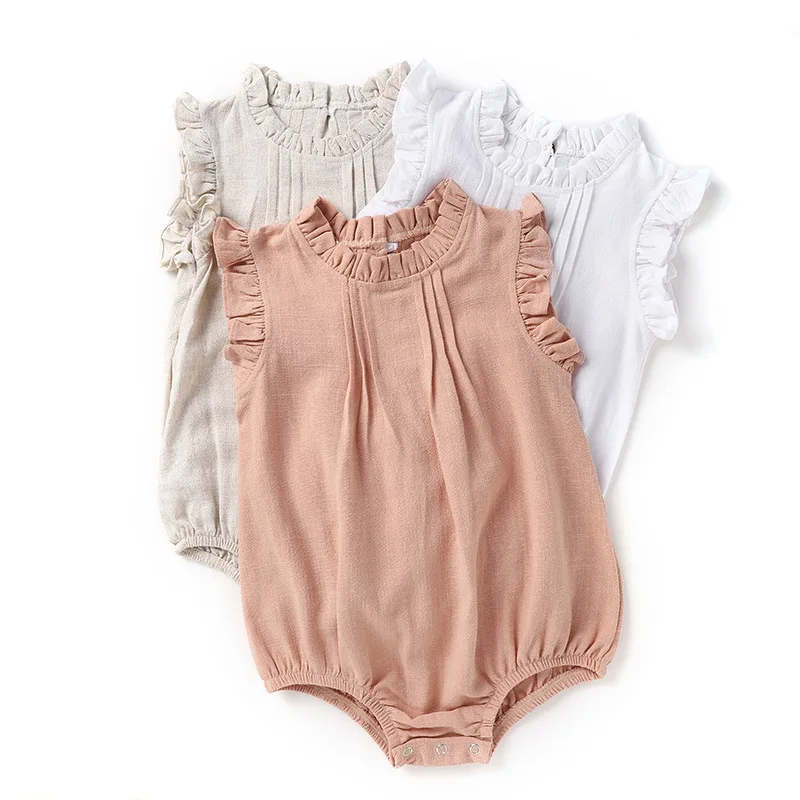 Hot Style Baby Romper Suit New Pure Color Sleeveless Climb Clothes Lace Breathable Linen Garment Girl Children\'s Clothing