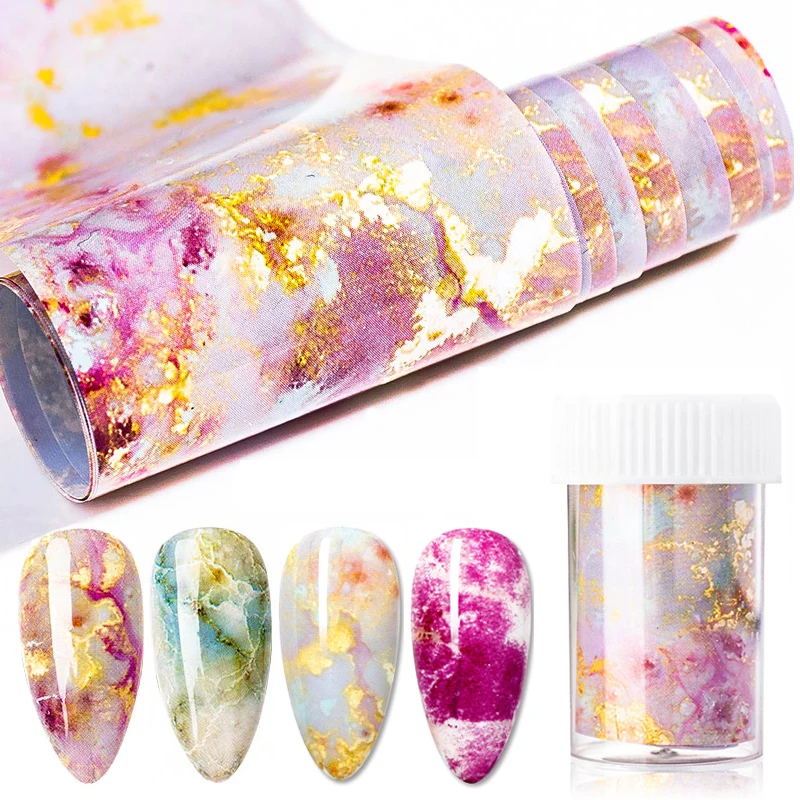 1 Pote ou Caixa com 10 Rolos de Folhas de Transferência para Unhas Marble Bloom, Adesivos de Arte para Unhas com Design Abstrato em Tinta Aquarela, Conjunto de Acessórios