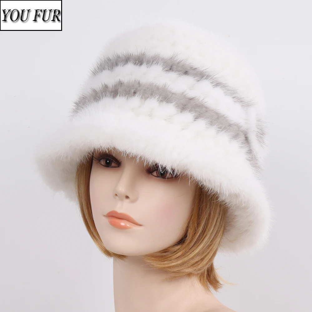 

New Arrival Winter 100% Natural Mink Fur Girls Hats Knitted Warm Genuine Mink Fur Cap Russian Women Luxury Real Mink Fur Hat