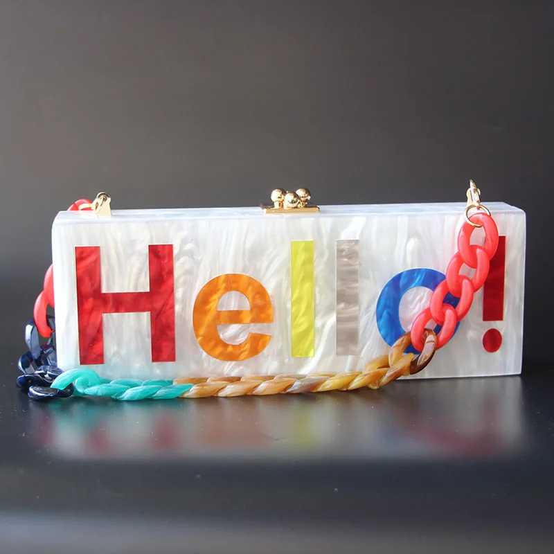 Pearl White With Colorful Name Letter Hello Women Female Evening Party Travel Wedding Acrylic Box Clutches Shoulder Flap Purse