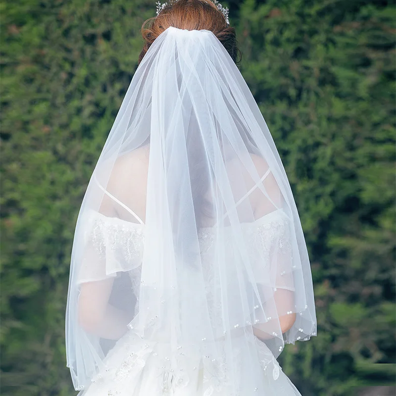 Véu de casamento curto branco com pérolas, acessório macio, frete grátis