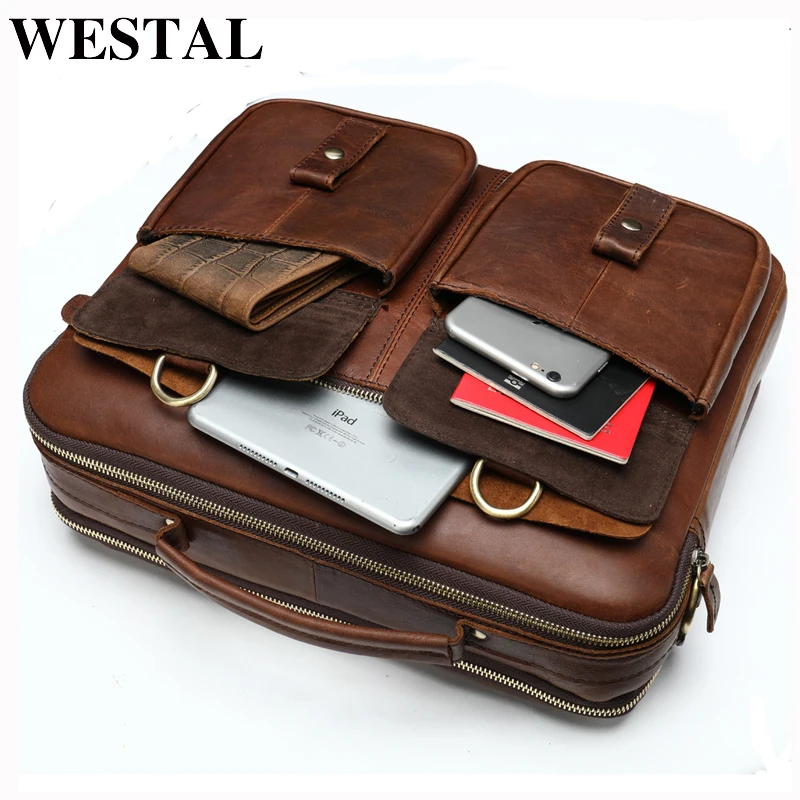 WESTAL-maletín de cuero genuino para hombre, bolso para ordenador portátil, bolsos de oficina de cuero para documentos, Maletín de negocios