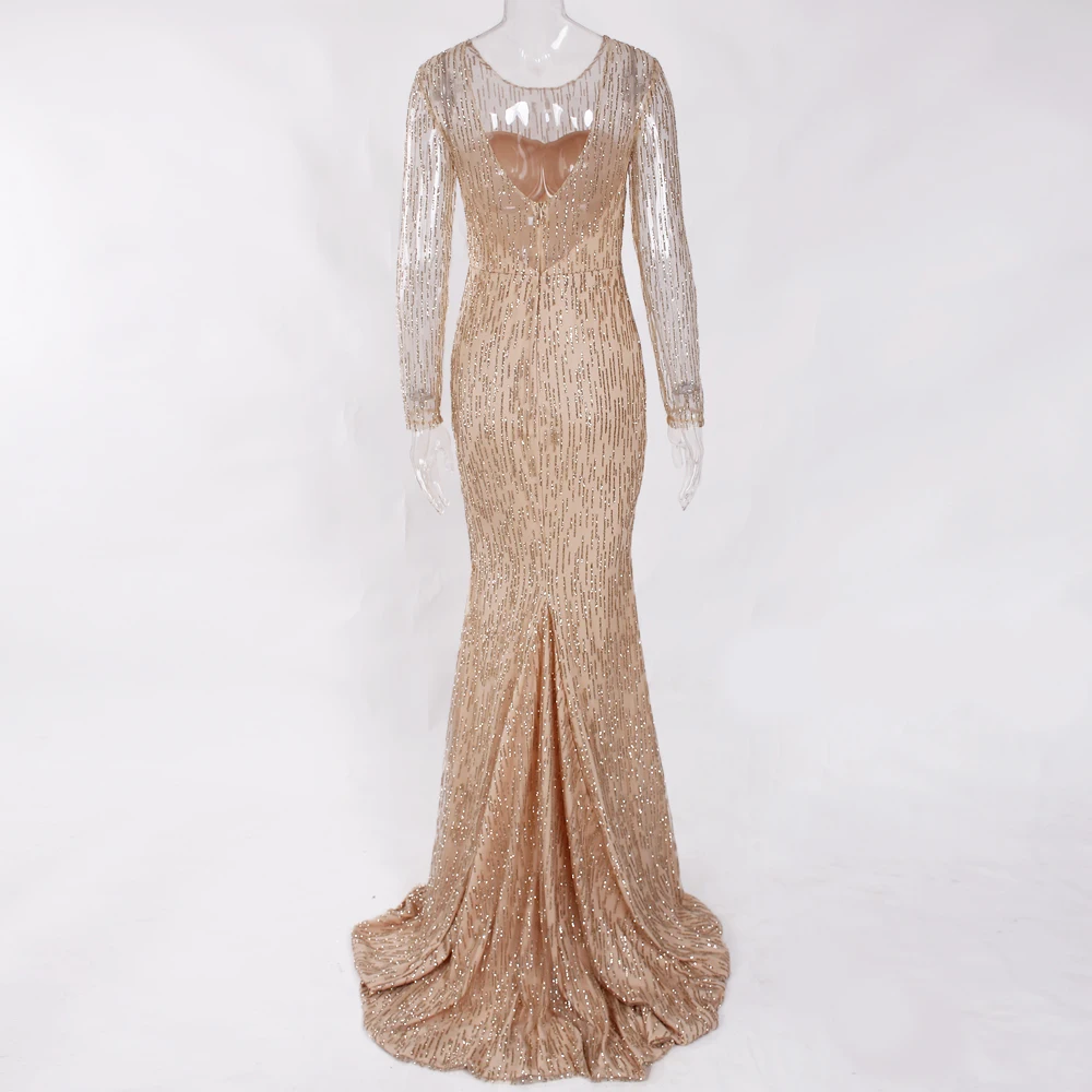 Full Sleeved Gold Glittered Maxi Dress Evening Party Shiny Hollow Out Backless Floor Length Dress