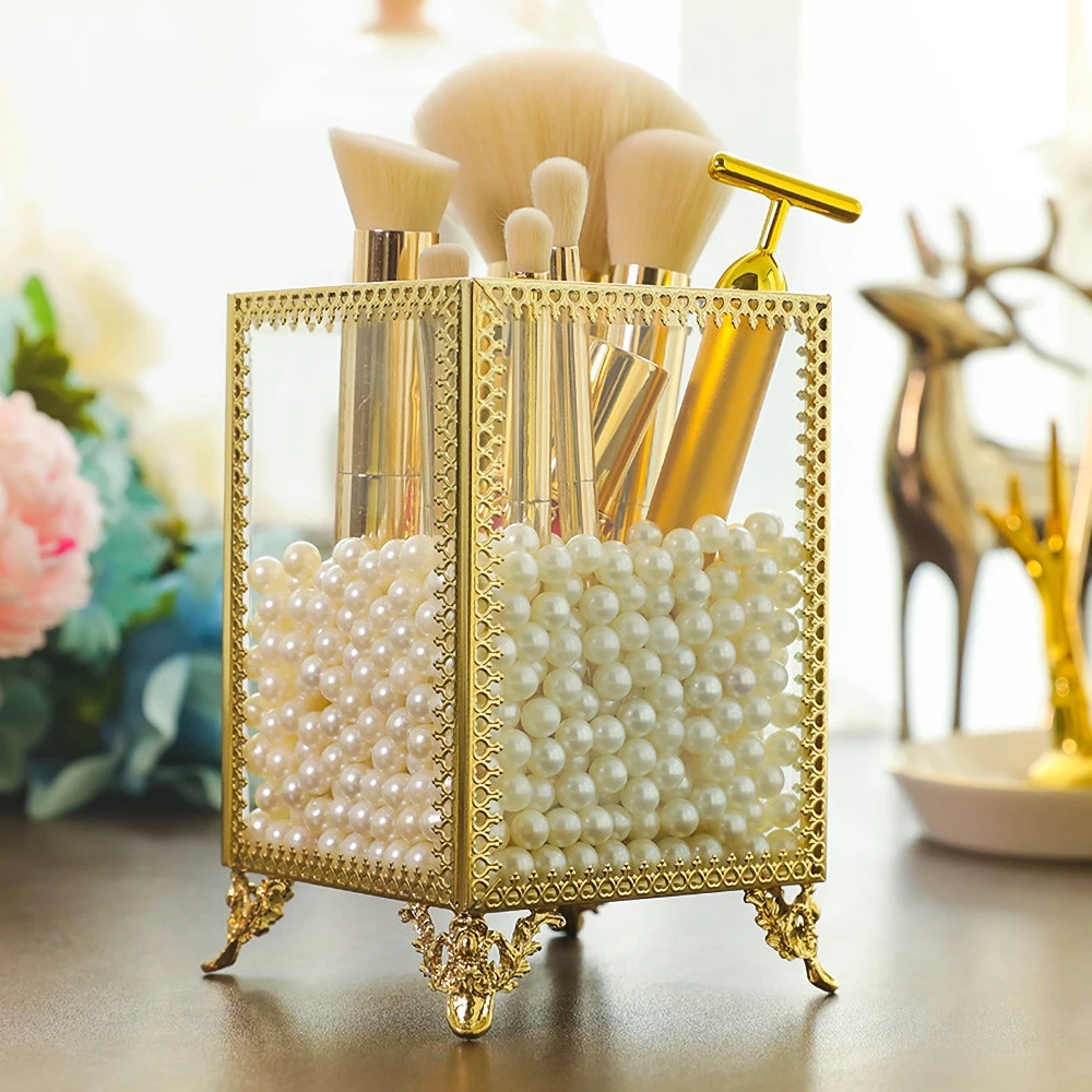 European Makeup Brush Storage Tube Metal Trim Crystal Glass Square Column Storage Bucket Desktop Organizer Box