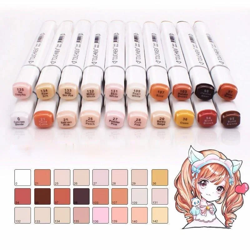 Touchnew 24Colors Skin Color Marker Tones Set Art Markers Pen Artist Dual Headed Alcohol Based Manga Brush Pen for Coloring