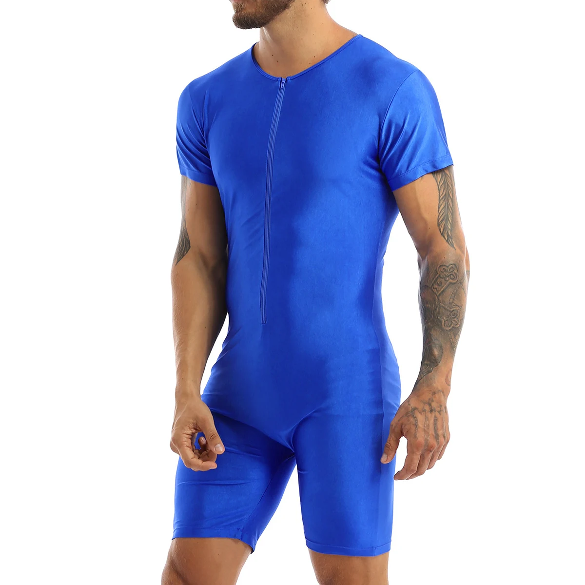 Men\'s One Piece Solid Leotard Gymnastic Athletic Bodysuit  Short Sleeve Zipper Glossy Boxer Unitard Swimwear Swimsuit