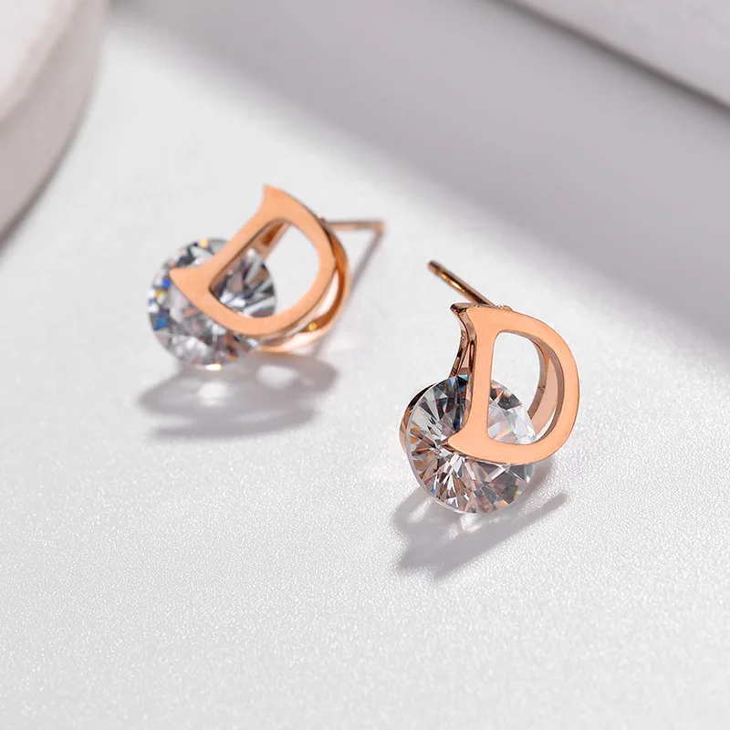 

Classic Zircon D Letter Titanium Steel Earrings For Woman Simple Set Accessories For Korean Fashion Jewelry Party Girls