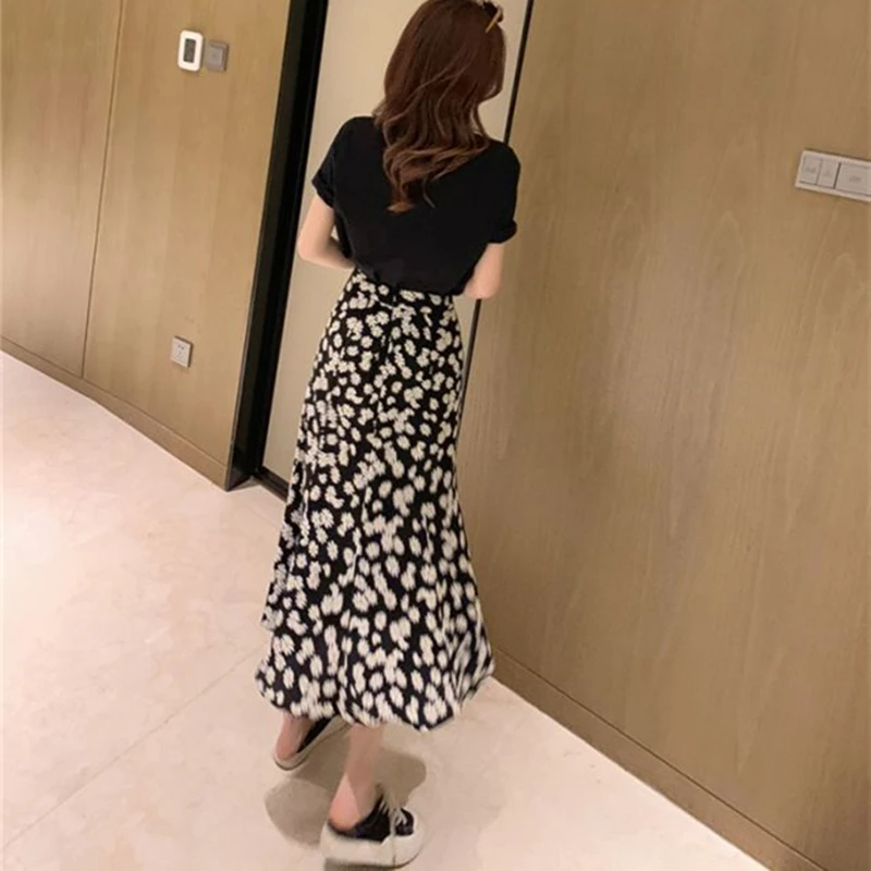 Summer Fashion Daisy T-shirt Dress Set Korean Graceful Women Sleeve Skirt Suit 2023 New Girls Date Clothing Sets Lady Black Tops