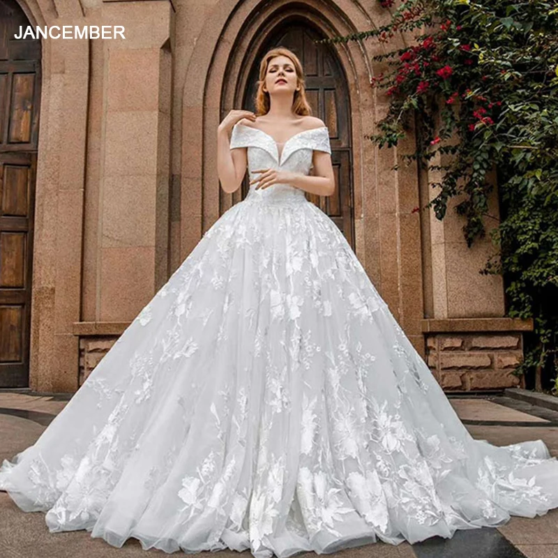 J66599 Jancember Bầu Áo Cưới Kèm Tàu Lệch Vai Phối Ren Lưng Đầm Cô Dâu Váy Đầm Vestido De Novia de Encaje