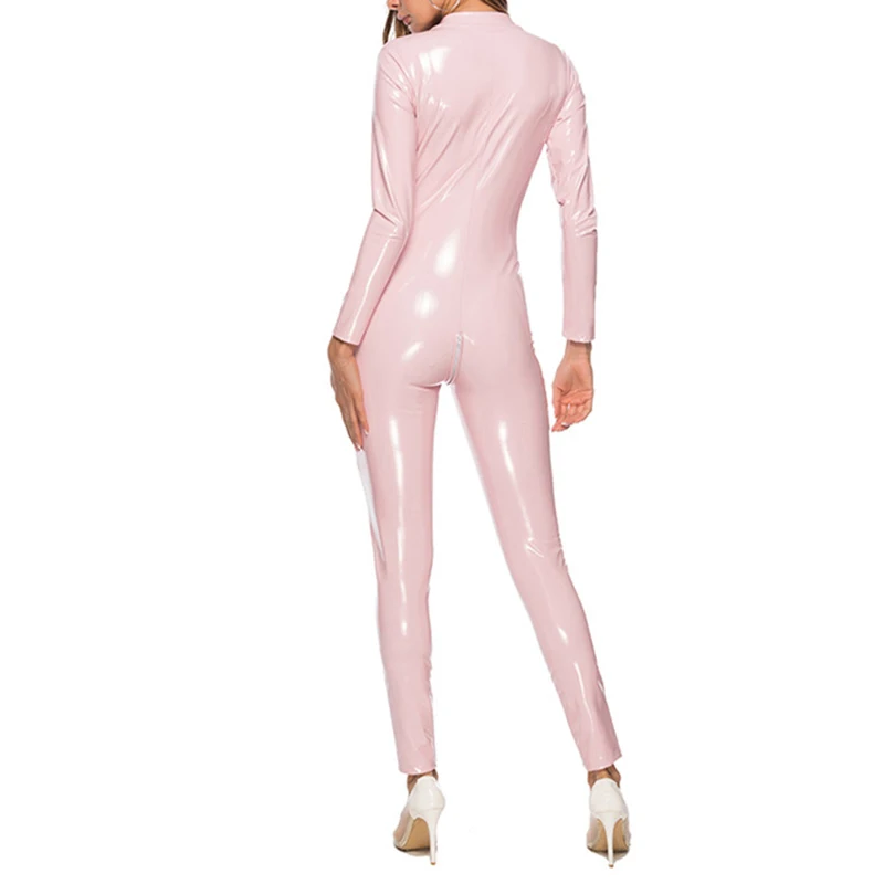 Wetlook-body Sexy de látex y PVC para mujer, traje Zentai de PU, cuero de imitación brillante, con cremallera, ajustado, novedad de 2020